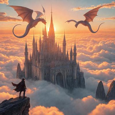 Primary subject: Castle
Setting/background: Clouds
Visual style: Digital art
Colors and mood: Orange and blue